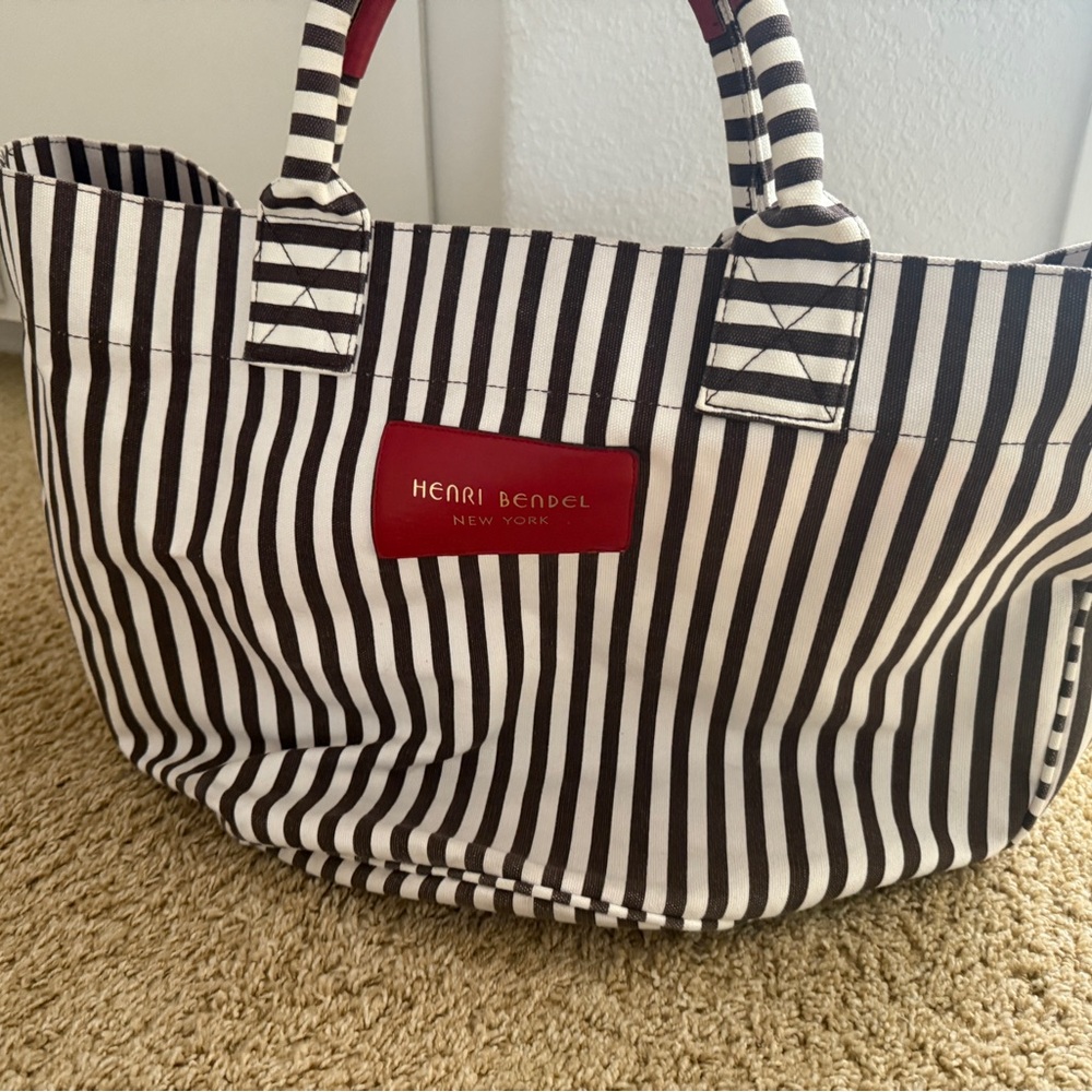 henri bendel Black and White Striped Canvas Tote with Red Logo Patch